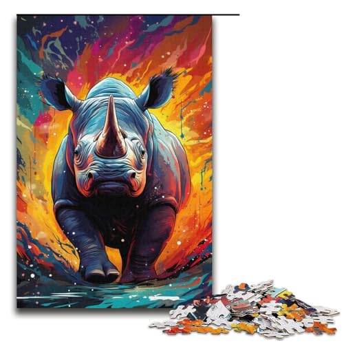 Puzzle für Erwachsene farbenfrohe Psychedelia mit Neon-Nashorn 1000 Teile Holzpuzzle für Erwachsene und Kinder ab 12 Jahren Lernspielzeug 1000 Teile (38 x 26 cm) von mowenbingpeng