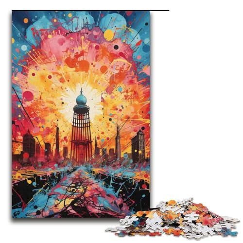 Puzzle für Erwachsene farbenfrohe psychedelische Architektur 1000 Teile Holzpuzzle für Kinder ab 12 Jahren Lernspielzeug 1000 Teile (38 x 26 cm) von mowenbingpeng