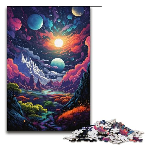 Puzzle für Erwachsene farbenfrohe psychedelische Planetenlandschaft 1000-teiliges Holzpuzzle für Kinder ab 12 Jahren Lernspielzeug 1000 Teile (38 x 26 cm) von mowenbingpeng