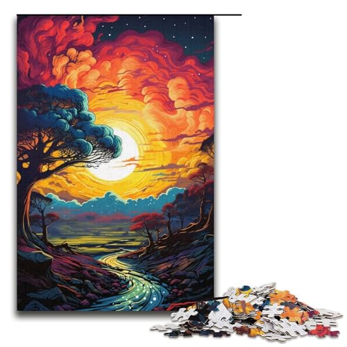 Puzzle für Erwachsene farbenfrohe psychedelische Sonnenuntergangslandschaft 1000-teiliges Holzpuzzle für Kinder ab 12 Jahren Lernspielzeug 1000 Teile (38 x 26 cm) von mowenbingpeng