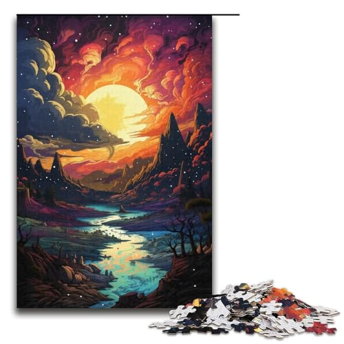 Puzzle für Erwachsene farbenfrohe psychedelische Sonnenuntergangslandschaft 1000-teiliges Holzpuzzle für Kinder ab 12 Jahren Lernspielzeug 1000 Teile (38 x 26 cm) von mowenbingpeng