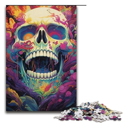 Puzzle für Erwachsene farbenfrohe psychedelische Totenkopfkunst 1000 Teile Holzpuzzle für Kinder ab 12 Jahren Lernspielzeug 1000 Teile (38 x 26 cm) von mowenbingpeng