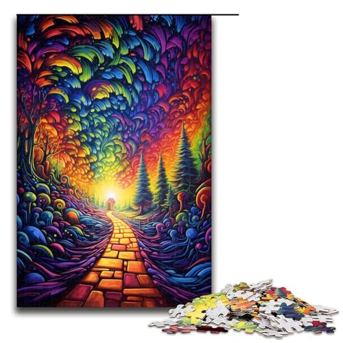 Puzzle für Erwachsene farbenfrohe psychedelische gelbe Ziegelsteinstraße 1000 Teile Holzpuzzle für Erwachsene und Kinder ab 12 Jahren 1000 Teile (75 x 50 cm) von mowenbingpeng