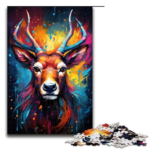 Puzzle für Erwachsene farbenfrohes psychedelisches Gemälde mit Hirsch 1000 Teile Holzpuzzle für Erwachsene und Kinder ab 12 Jahren 1000 Teile (75 x 50 cm) von mowenbingpeng