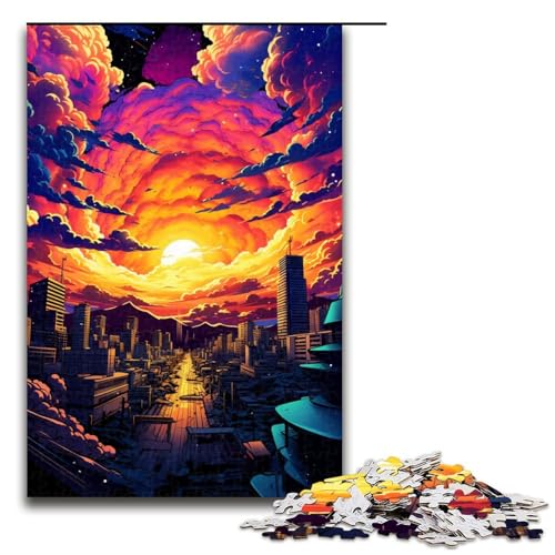 Puzzle für Erwachsene farbenfrohes psychedelisches Vaporwave-Sonnenuntergangs-Stadtpuzzle mit 1000 Teilen Holzpuzzle für Erwachsene und Kinder ab 12 Jahren 1000 Teile (75 x 50 cm) von mowenbingpeng