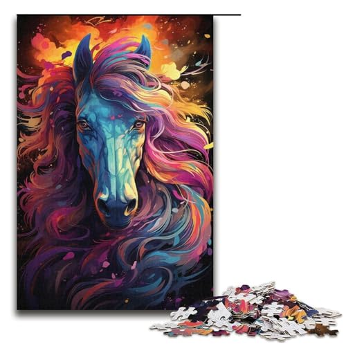 Puzzle für Erwachsene farbenfrohes psychedelisches Weltraumpferd-Abenteuer 1000-teiliges Holzpuzzle für Erwachsene und Kinder ab 12 Jahren 1000 Teile (38 x 26 cm) von mowenbingpeng