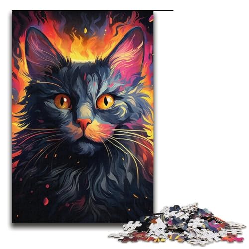 Puzzle für Erwachsene farbenfrohes psychedelisches schwarzes Katzen-Puzzle 1000 Teile Holzpuzzle für Kinder ab 12 Jahren Lernspielzeug 1000 Teile (38 x 26 cm) von mowenbingpeng