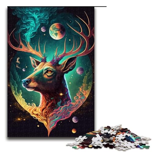 Puzzle für Erwachsene mit 1000 Teilen Cosmic Trippy Deer lustiges Familienpuzzle mit passendem Poster und Quizblatt 1000 Teile (75 x 50 cm) von mowenbingpeng