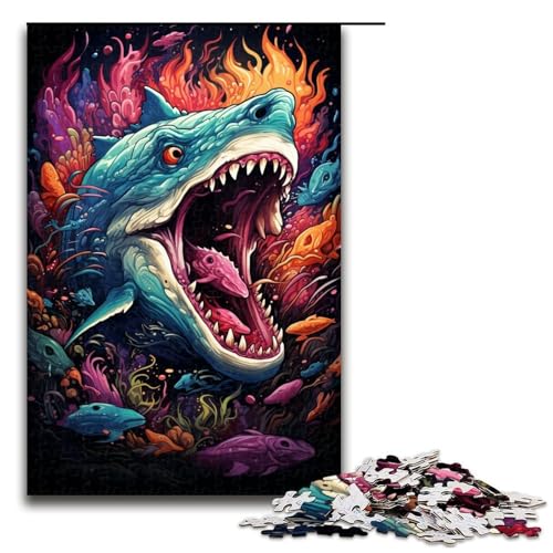 Puzzle für Erwachsene mit 1000 Teilen farbenfroher Psychedelischer Hai lustiges Familienpuzzle mit passendem Poster und Quizblatt 1000 Teile (75 x 50 cm) von mowenbingpeng