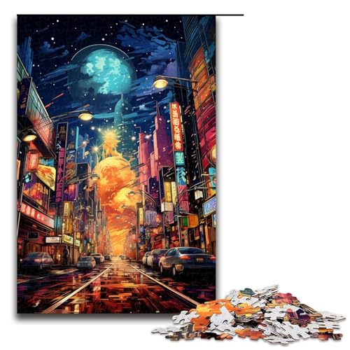 Puzzle für Erwachsene mit 1000 Teilen farbenfrohes psychedelisches Neon-Puzzle „Tokio City“ Spaß für die ganze Familie mit passendem Poster und Quizblatt 1000 Teile (75 x 50 cm) von mowenbingpeng
