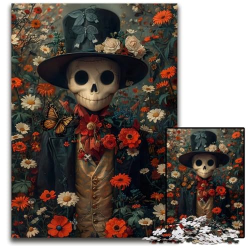 Puzzle mit Skelettmann in Rosen 1000 Teile für Erwachsene Holzpuzzle Weihnachten Halloween Ostern Neujahr 1000 Teile (75 x 50 cm) von mowenbingpeng