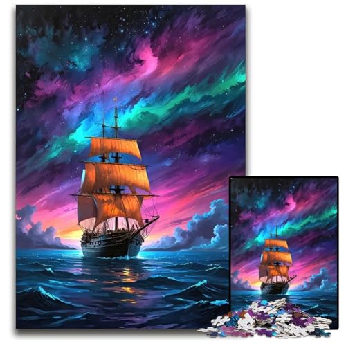 Schiff Meer Aurora Borealis 1000teiliges Puzzle GeschenkPuzzle für Erwachsene perfekt für Familienspaß an Weihnachten Thanksgiving Geburtstagen Ostern 1000 PCS (75 x 50 cm) von mowenbingpeng