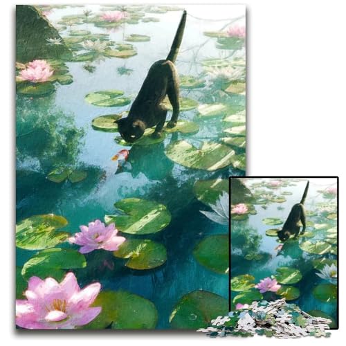 Schwarze Katze am Teich Puzzle für Erwachsene 1000 Teile Puzzle für Erwachsene interaktives Familienspiel DIY Heimdekoration Denksportaufgabe Geschenk 1000 Teile (75 x 50 cm) von mowenbingpeng
