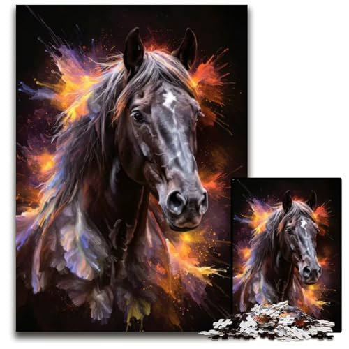 Schwarzes Pferd mit bunten Spritzern 1000teiliges Puzzle anspruchsvolles Denkspiel entspannendes Spielzeug für Teenager 1000 Teile (38 x 26 cm) von mowenbingpeng