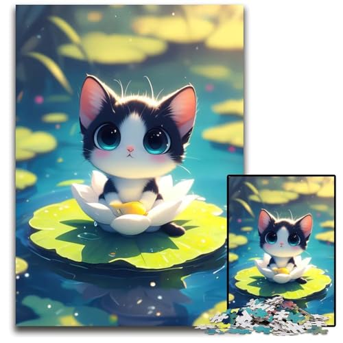 Süße Katze auf Seerose 1000teiliges Puzzle Holzpuzzle Spaß für Zuhause Aktivitäten Geburtstagsgeschenk Reisegeschenke 1000 Teile (38 x 26 cm) von mowenbingpeng