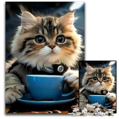 Süße Katze trinkt Kaffee Puzzle 1000 Teile Holzpuzzle für Erwachsene Denkspiel für Jugendliche Familieninteraktion 1000 Teile (75 x 50 cm) von mowenbingpeng