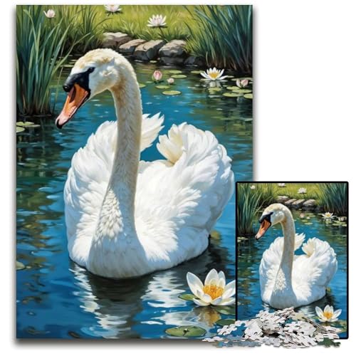 Weißer Schwan im Teich Puzzle für Erwachsene 1000 Teile Holzpuzzle für Erwachsene perfekt für Teenager und zur Heimdekoration 1000 Teile (75 x 50 cm) von mowenbingpeng