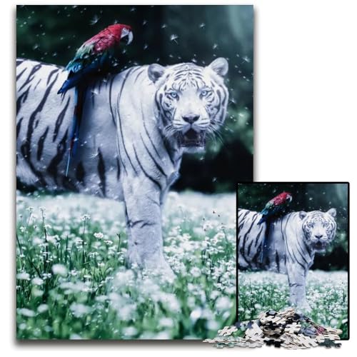 Weißer Tiger und Papagei Puzzle 1000 Teile für Erwachsene Holzpuzzle interaktives Familienspiel Bastelgeschenk mit farbenfrohen Kunstwerken 1000 Teile (38 x 26 cm) von mowenbingpeng