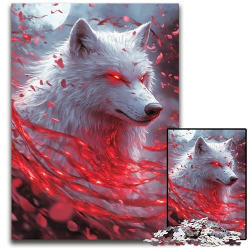 Weißer Wolf mit roten Augen 1000teiliges Puzzle Holzpuzzle für Erwachsene Geburtstagsgeschenkidee anspruchsvolles Denkspiel 1000 Teile (38 x 26 cm) von mowenbingpeng