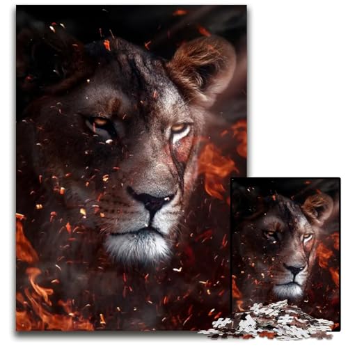 Wilde Löwin auf Feuer KunstPuzzle 1000 Teile für Erwachsene Holzpuzzle farbenfrohe Heimdekoration und interaktives Familienspiel 1000 Teile (75 x 50 cm) von mowenbingpeng