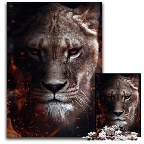 Wilde Löwin mit brennendem Gesicht 1000teiliges Puzzle Holzpuzzle für Erwachsene Geburtstagsgeschenkidee anspruchsvolles Denkspiel 1000 Teile (38 x 26 cm) von mowenbingpeng