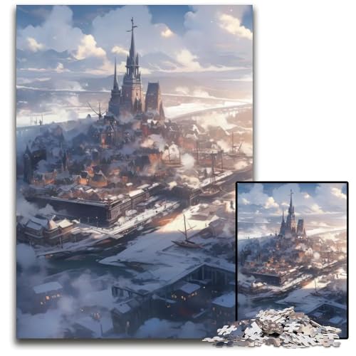 Winter Harbor Town 1000teiliges Puzzle Holzpuzzle für Erwachsene Geburtstagsgeschenkidee anspruchsvolles Denkspiel 1000 Teile (38 x 26 cm) von mowenbingpeng