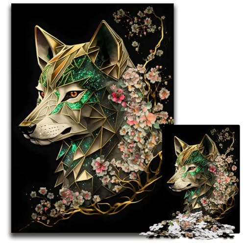 Wolf Cherry Blossoms Dark 1000teiliges Puzzle für Erwachsene Holzpuzzle perfekt für Familienspaß Partyspiele Geburtstagspartygeschenke 1000 Teile (38 x 26 cm) von mowenbingpeng