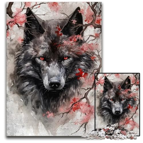 Wolf Cherry Blossomsb Puzzle 1000 Teile Puzzle Holzpuzzle für Erwachsene Denkspiel für Jugendliche Familieninteraktion 1000 PCS (38x26cm) von mowenbingpeng