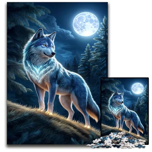 Wolf Light Night Atmospher Puzzle 1000 Teile für Erwachsene Holzpuzzle Bunte Heimdekoration und interaktives Familienspiel 1000 Teile (75 x 50 cm) von mowenbingpeng