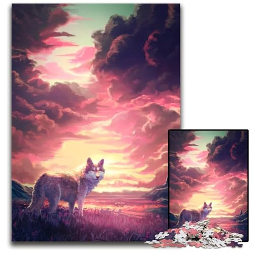Wolf bei Sonnenuntergang Puzzle für Erwachsene 1000 Teile Holzpuzzle für Teenager Familienspaß DIYDenkspiel Geschenk 1000 Teile (75 x 50 cm) von mowenbingpeng