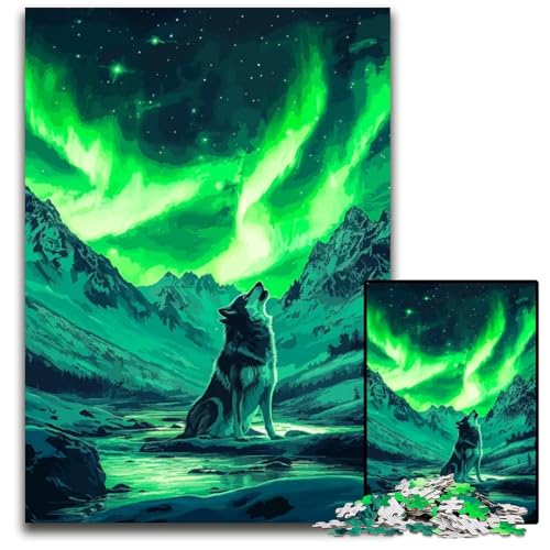Wolf heult bei Aurora Borealis Puzzle für Erwachsene 1000teiliges Holzpuzzle für Erwachsene perfekt für Teenager und zur Heimdekoration 1000 PCS (75 x 50 cm) von mowenbingpeng
