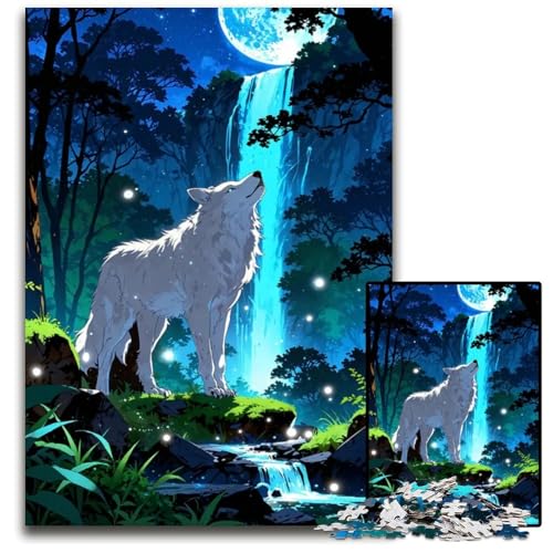 Wolf im Mondlicht Wasserfall 1000teiliges Puzzle Holzpuzzle für Erwachsene Familienspielabend Spaß DIY dekoratives Kunstwerk 1000 Teile (75 x 50 cm) von mowenbingpeng
