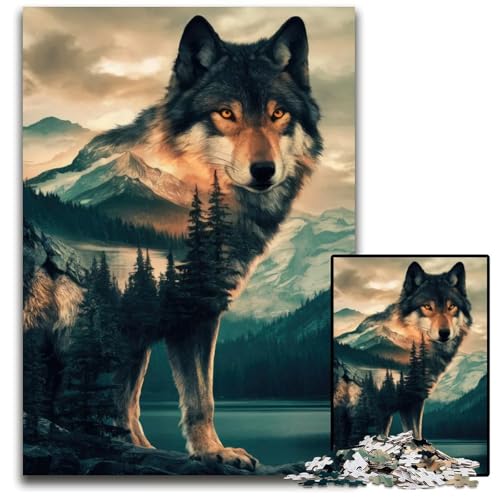 Wolf und Berg DoppelbelichtungsPuzzle für Erwachsene 1000 Teile Puzzle für Erwachsene interaktives Familienspiel DIY Heimdekoration Denksportaufgabe Geschenk 1000 Teile (38 x 26 cm) von mowenbingpeng