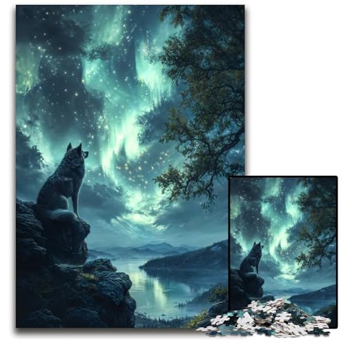 Wolf unter Aurora Borealis 1000teiliges Puzzle Holzpuzzle für Erwachsene Geburtstagsgeschenkidee anspruchsvolles Denkspiel 1000 Teile (38 x 26 cm) von mowenbingpeng