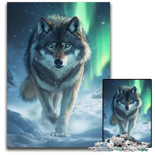 Wolf unter Aurora Borealis Puzzle für Erwachsene 1000 Teile Holzpuzzle für Erwachsene perfekt für Teenager und zur Heimdekoration 1000 Teile (75 x 50 cm) von mowenbingpeng