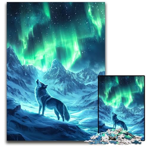 Wolf unter Aurora Borealis Puzzle für Erwachsene 1000 Teile Puzzle für Erwachsene entspannende Unterhaltung Heimdekoration 1000 Teile (75 x 50 cm) von mowenbingpeng