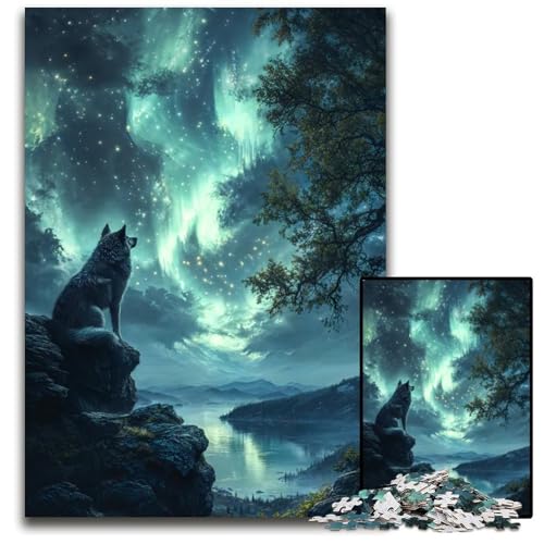 Wolf unter der Aurora Borealis 1000teiliges Puzzle schwierige Puzzles für Erwachsene Familienspaß Aktivität GehirnHerausforderung Teenager 1000 Teile (75 x 50 cm) von mowenbingpeng