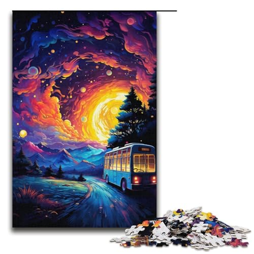 für Erwachsene 1000-teiliges farbenfrohes und psychedelisches Sternennacht-Bus-Puzzle für Erwachsene schwieriges und anspruchsvolles Holzpuzzle 1000 Teile (38 x 26 cm) von mowenbingpeng