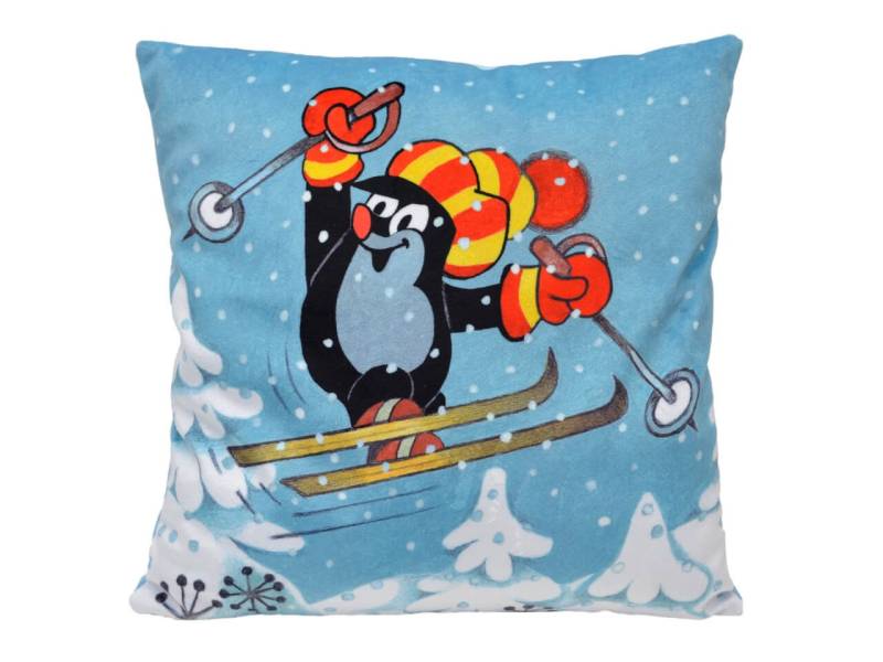 Kissen der kleine Maulwurf, Motiv Skifahrer, 30x30cm - Kinderkissen von munabo