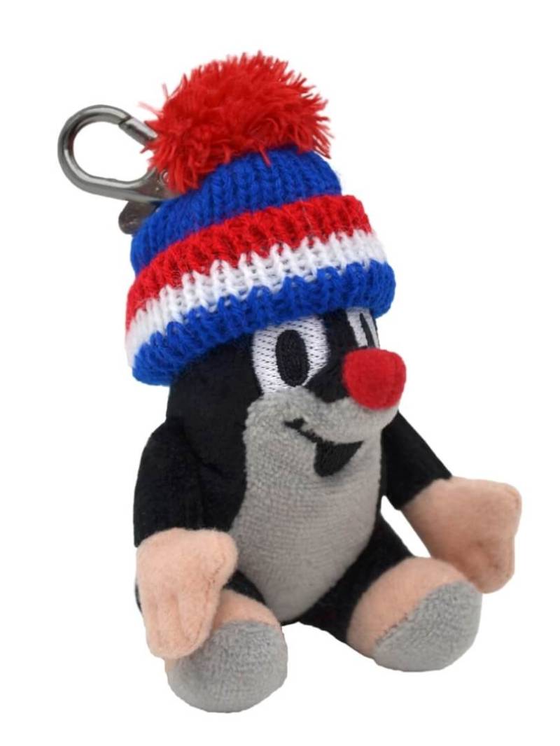 Maulwurf 9 cm, sitzend, Mütze blaue-Trikolore, Schlüsselanhänger von munabo