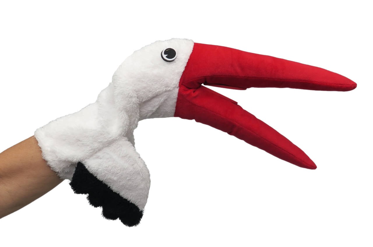 Plüsch-Handpuppe Storch 48cm, mit Klapper von munabo