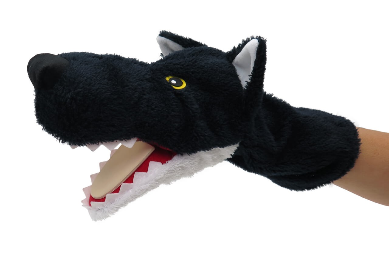 Plüsch-Handpuppe Wolf schwarz 31cm, mit Klapper Plüsch-Handpuppe Wolf schwarz 31cm, mit Klapper von munabo