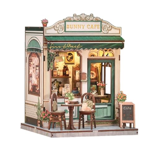 3D Holzpuzzle Café mit LED-Beleuchtung, DIY Miniatur Haus Kits, DIY-Bausatz für Anfänger, Bücherregal Deko & Entspannungsgeschenk für Erwachsene, Frauen und Jugendliche (Klarer Himmel Kaffee) von mumisuto