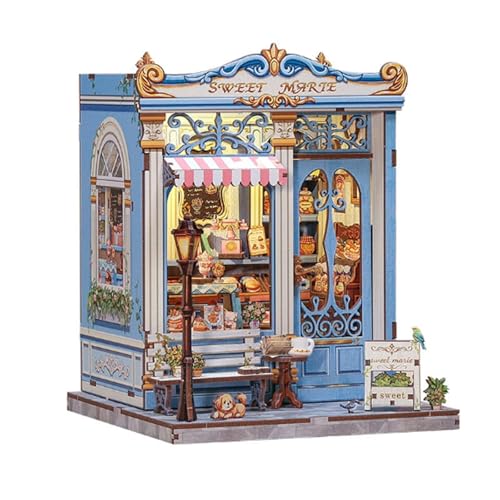 DIY Süßigkeitenladen Holzpuzzle mit LED-Beleuchtung, 3D Miniaturhaus Bausatz für Erwachsene & Jugendliche für Buchliebhaber, Dekoration für Bücherregal & Schreibtisch (Sweetheart Mary's) von mumisuto