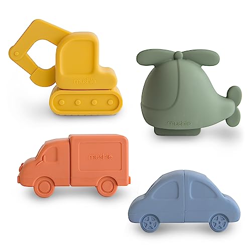 Mushie Badewannenspielzeug für Baby und Kinder aus Silikon | 4er-Pack Fahrzeuge Vehicles Badespielzeug Planschbecken Wasser Spielzeug für Badewanne Badespass | Hubschrauber, Auto, Lastwagen & Bagger von mushie