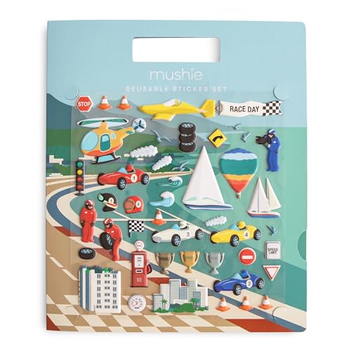 mushie Aufkleber für Kinder | Wiederverwendbares Aufkleberbuch Set Buch | Abnehmbare Puffy-Aufkleber Bastelaktivität (Rennwagen) von mushie