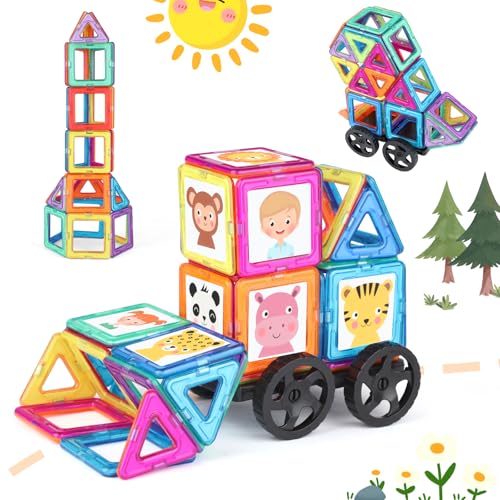 mysoler Magnetische Bausteine 63 Teile Magnetbausteine Magnete Kinder Magnetspielzeug Set für Kinder ab 3-8 Jahren, Bauklötze für Jungen & Mädchen, Mit Auto-Rädern für mehr Modellmöglichkeiten von mysoler
