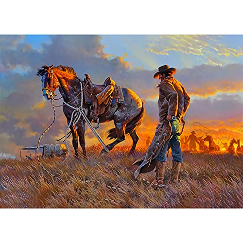 najiaxiaowu Wooden 1000 Pieces Jigsaw Puzzles for Adults, Elderly or Kids, Western Cowboy Rider Prärie Wind Flower Puzzle for Family Parent-Child, Art Decorations DIY Game Toy for Friend, Wife, Mom von najiaxiaowu