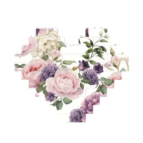 Herzförmiges Baustein-Puzzle mit rosa Rosen, personalisierbares Geschenk für Männer und Frauen von nanger