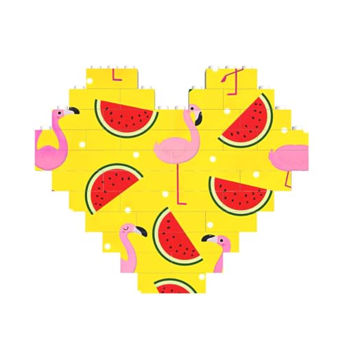 Pinker Flamingo- und Wassermelonen-Druck, herzförmiges Baustein-Puzzle, personalisiertes Geschenk für Männer und Frauen von nanger